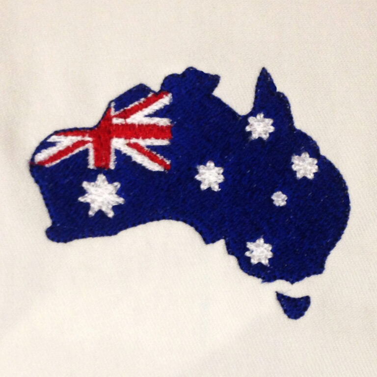 Australia shape with Australian flag inside filled machine embroidery