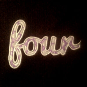 Adorable four year old appliqué and embroidery design in 6 styles and sizes – the word four in cursive