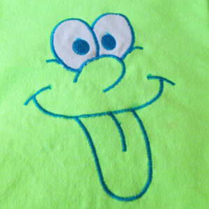Four funny face machine applique designs in two different sizes.   Applique cartoon, silly faces on t-shirts – makes a great party favor!