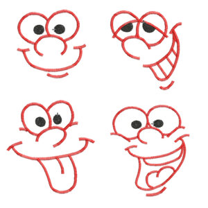 Four funny face machine applique designs in two different sizes.   Applique cartoon, silly faces on t-shirts – makes a great party favor!