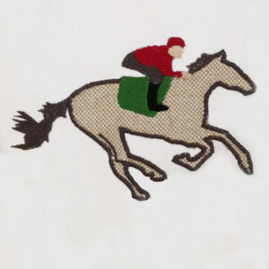 Galloping horse with jockey machine appliqué design in three sizes for your equestrian!