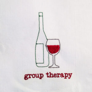 Group therapy wine bottle and glass of wine embroidery design.  With or without the writing.