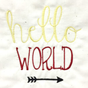 Hello World Machine Embroidery Design in several sizes and styles – the perfect embroidery design for a newborn baby.