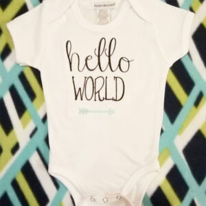 Hello World Machine Embroidery Design in several sizes and styles – the perfect embroidery design for a newborn baby.