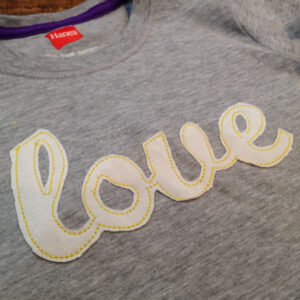 7 “Love” cursive appliqué and embroidery designs: 3 sizes of  “love” in a satin stitch and  triple-stitch applique and one small filled