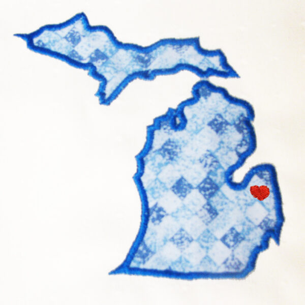 Michigan appliqué and embroidery design in 7 styles and sizes.  Buy this U.S. state (Michigan) embroidery design set -  get any state free
