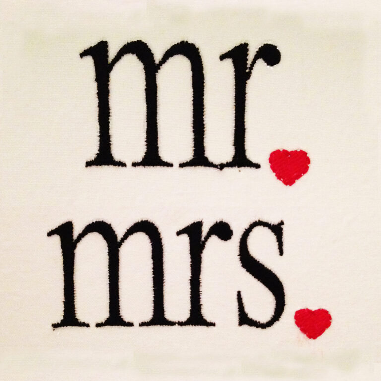Modern Mr and Mrs machine embroidery designs for newlyweds. Stitch them