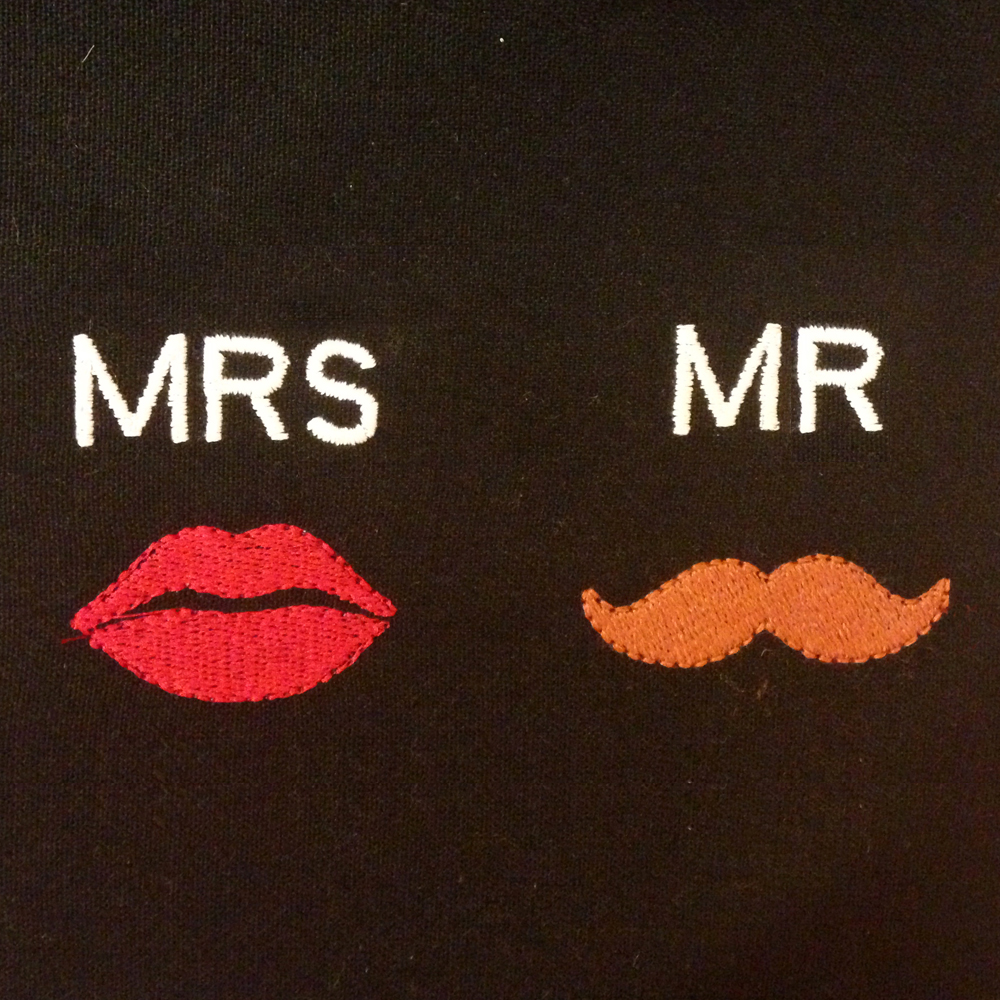 Darling Mr with mustache and Mrs with lips machine embroidery designs  in four sizes