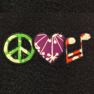 Peace, love and music machine applique design. Two different versions in three sizes.