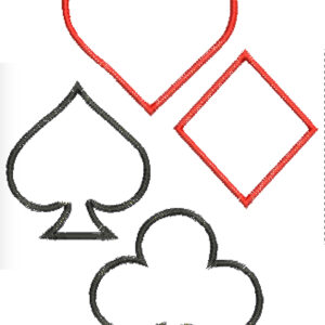Playing card symbols: club, heart, diamond and spade machine embroidery and appliqué designs. Playing card symbols are great for home decor.