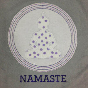 Seated meditation buddha applique and embroidery design with Namaste. Great applique design for the yoga lover in your life.