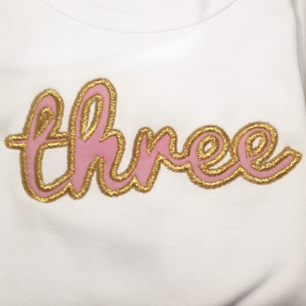 Adorable three year old appliqué and embroidery design in 6 styles and sizes - the word three in cursive