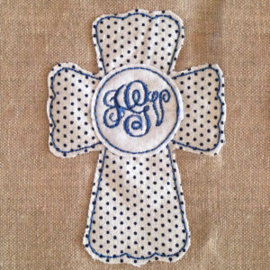 Applique cross designs with circle in center for custom monogram.  Two styles of cross appliques – satin and triple stitch