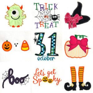 Cute and creepy Halloween appliqué and embroidery design set