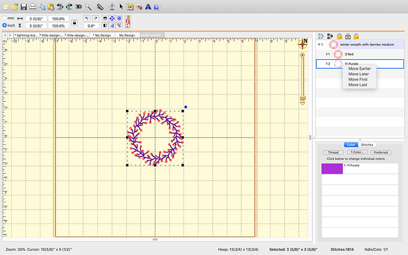 Changing the stitch order of elements in Embrilliance Essentials