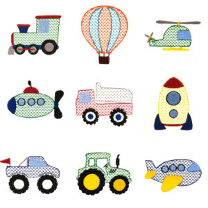 Transportation embroidery design set