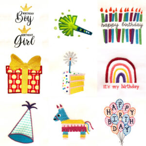 Happy birthday embroidery and appliqué design set