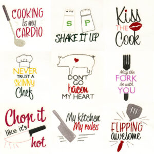 Silly kitchen sayings embroidery design set