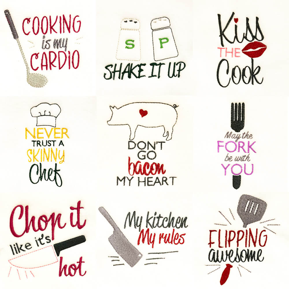 Silly kitchen sayings embroidery design set - Machine Embroidery Geek