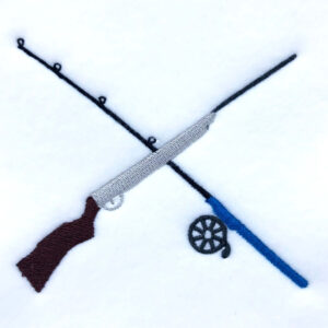 Crossed fishing rod and rifle embroidery design