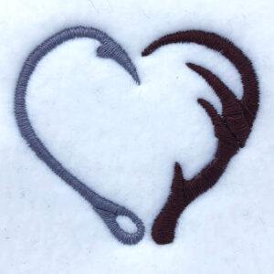 Fishing hook and antler in heart embroidery design