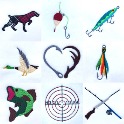 hunting and fishing themed embroidery designs and appliqué