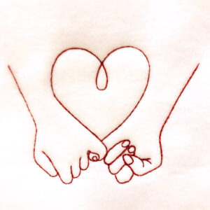 Redwork hands holding pinkies and making heart shape embroidery design