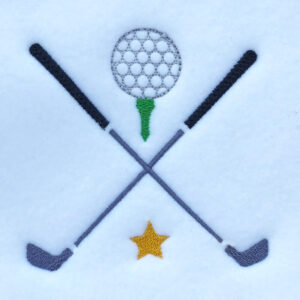 Crossed golf clubs with star and ball on tee embroidery design