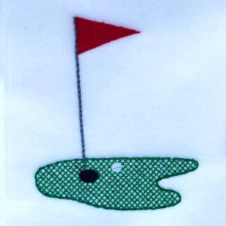 Golf putting green with ball and flag