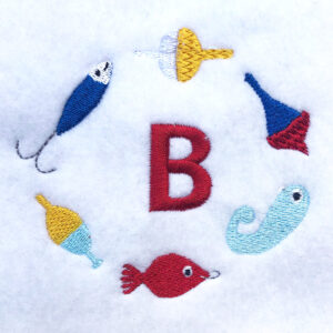 Fishing lures and bobbers wreath embroidery design