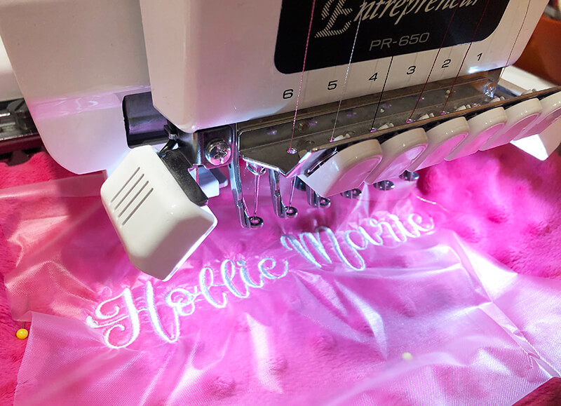 Stitch out name on minky blanket