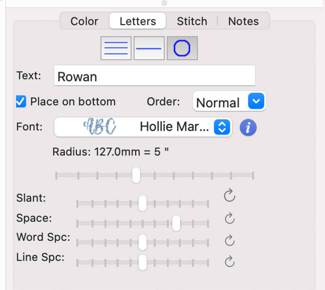 Settings in Embrilliance to create text on a curve for neckline embroidery