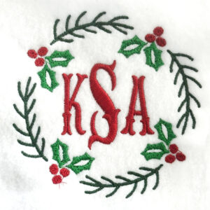 Pine and holly wreath embroidery design