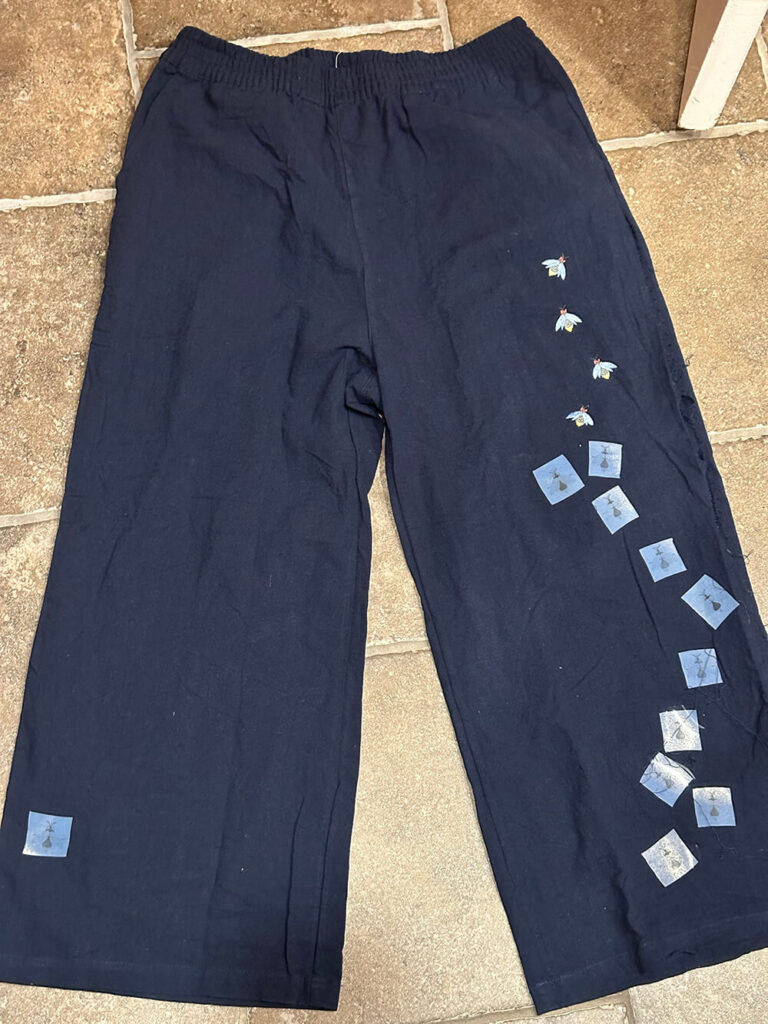 firefly pants in progress - machine embroidery