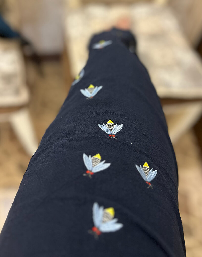machine embroidered pants - looking down leg